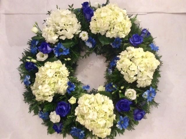 White Hydranger and blue roses wreath