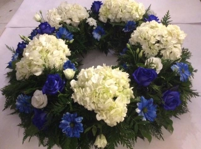 White Hydranger and blue roses wreath